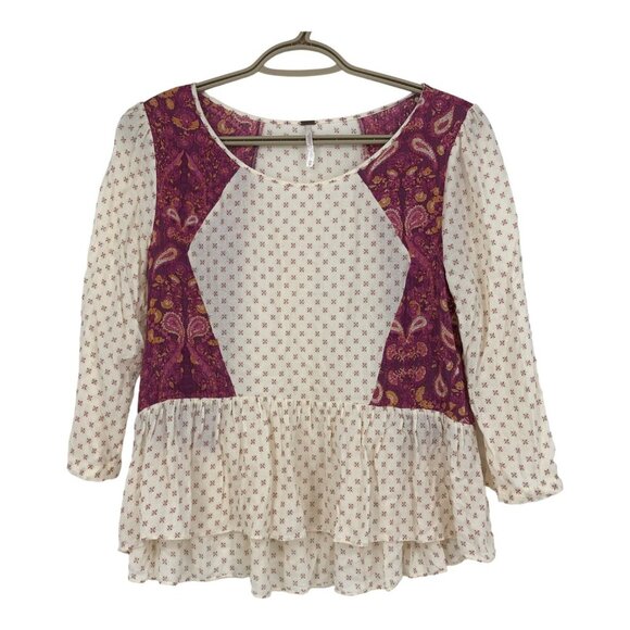 Free People Cream & Burgundy Gauzy Floral Boho Peplum Top size XS - Picture 2 of 14